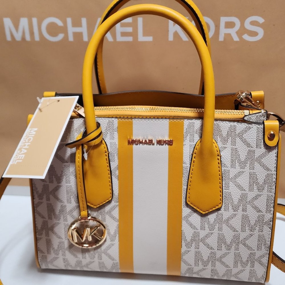 Michael Kors Center Stripe SUN Yellow Signature MAPLE small Satchel Tote NWT!